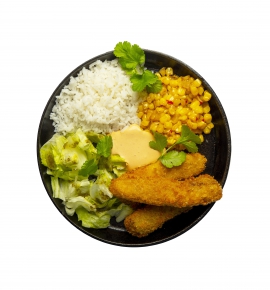 Burrito bowl with panko-crusted cod